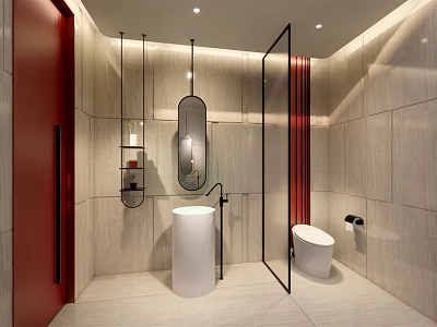 Modern Public Restroom Design Featuring Gray Tiles Red Accents White Pedestal Sink And Glass Partition 3d model