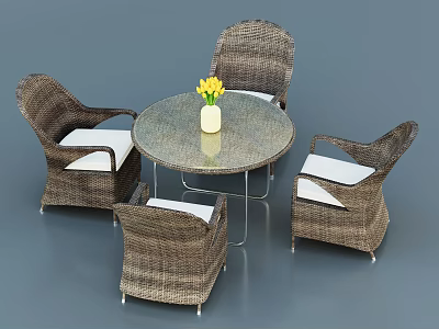 Round Outdoor Table with Wicker Chairs and White Cushions and Vase with Yellow Flowers 3d model