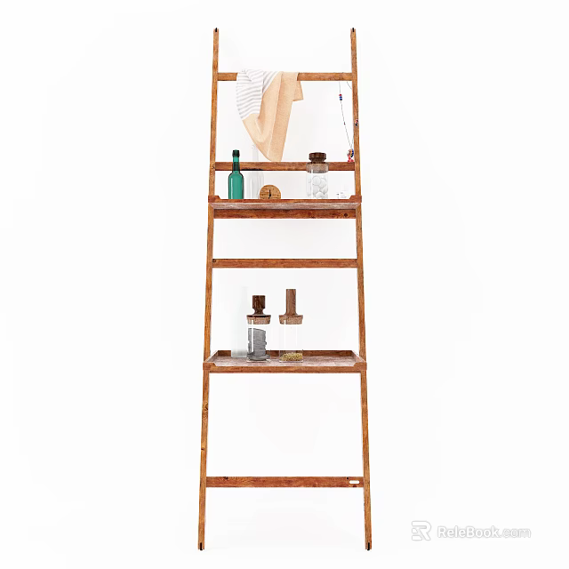Multi tier Bamboo Storage Shelf With Green Bottle Glass Jars And Towel For Home 3d model 