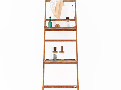 Multi tier Bamboo Storage Shelf With Green Bottle Glass Jars And Towel For Home 3d model