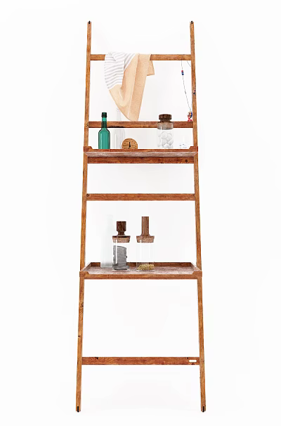 Multi tier Bamboo Storage Shelf With Green Bottle Glass Jars And Towel For Home 3d model