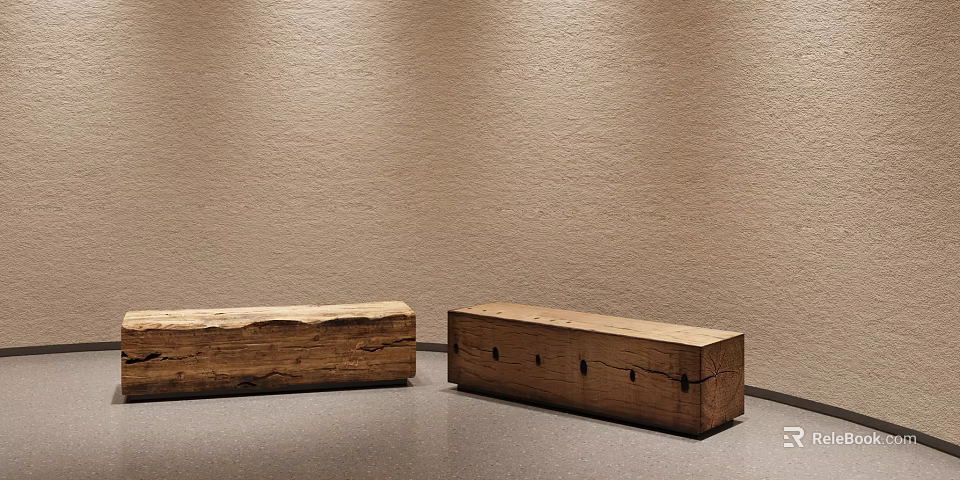 Two Wooden Stools Against Beige Wall With Long Log And Square Box With Holes 3d model 