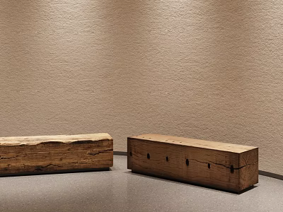 Two Wooden Stools Against Beige Wall With Long Log And Square Box With Holes 3d model
