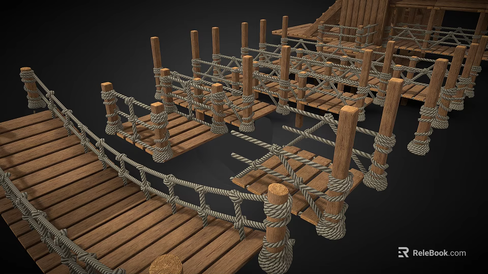 Rustic Wooden Walkway Structure With Intertwined Rope Railings And Support Posts 3d model