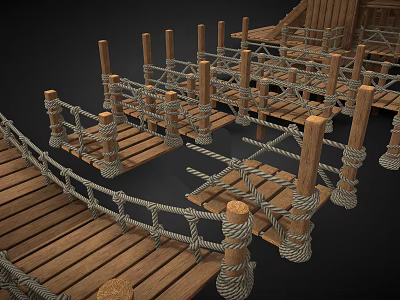 Rustic Wooden Walkway Structure With Intertwined Rope Railings And Support Posts 3d model