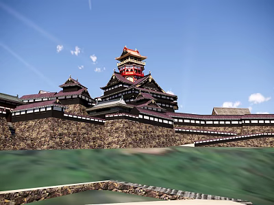 Traditional Ancient Architecture Featuring Multi tiered Tower Red Roof And Stone Walls 3d model