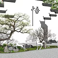 Karesansui Garden Landscape With Stone Arrangements Pine Trees And White Deer Statues On Gravel Ground