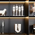 Modern Decorative Ornament Set Featuring Animal Figures Human Figurines Geometric Shapes On Black Display Shelves