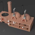 Traditional Brick Oven Setup with Two Dome Shaped Ovens Chimneys Shelves Clay Pots and Plates