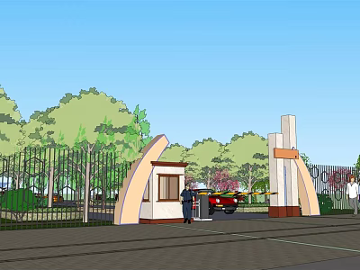 Residential Landscape Entrance With Gate Guard House Green Trees Red Vehicle And Blue Sky 3d model