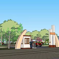 Residential Landscape Entrance With Gate Guard House Green Trees Red Vehicle And Blue Sky