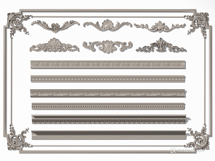 Gypsum Cornices With Various Decorative Patterns And Ornate Carved Designs 3d model 