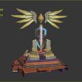 Futuristic Monument Design With Golden Wings Diamond Structure Blue Glowing Elements And Orange Gray Base