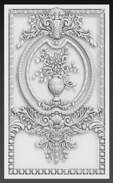 Intricate Carved Design Featuring Vase With Flowers And Circular Ornamental Frame 3d model 