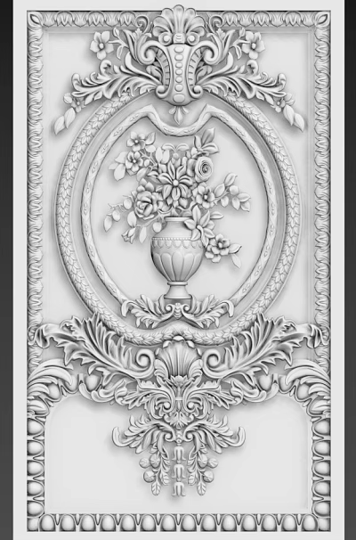 Intricate Carved Design Featuring Vase With Flowers And Circular Ornamental Frame 3d model