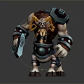 Muscular Fantasy Game Movie Character With Ram Horns Armor And Weapon