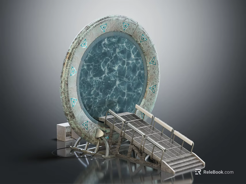 Ornamental Circular Water Feature With Rippled Blue Surface Decorative Edges And Metal Staircase 3d model 