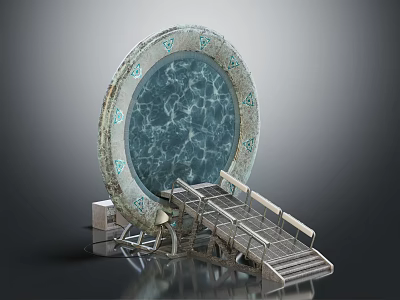 Ornamental Circular Water Feature With Rippled Blue Surface Decorative Edges And Metal Staircase 3d model