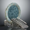 Ornamental Circular Water Feature With Rippled Blue Surface Decorative Edges And Metal Staircase