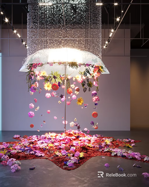 Floral Sculpture Installation with Hanging Colorful Flowers and Umbrella Like Structure and Scattered Petals on Floor 3d model 
