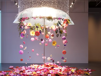 Floral Sculpture Installation with Hanging Colorful Flowers and Umbrella Like Structure and Scattered Petals on Floor 3d model