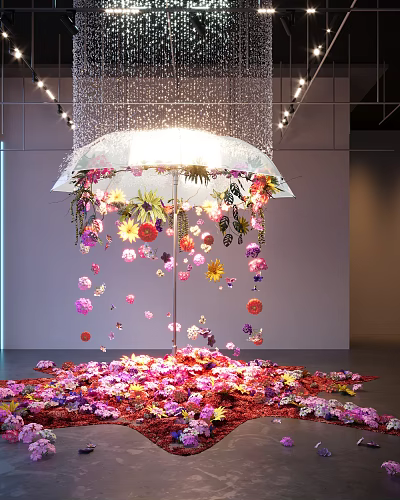 Floral Sculpture Installation with Hanging Colorful Flowers and Umbrella Like Structure and Scattered Petals on Floor 3d model