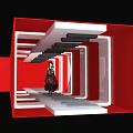 Event Passage With Red And White Rectangular Frames And Woman In Black Outfit