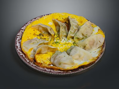 Pan Fried Dumplings With Crispy Egg Base And Fresh Herbs On Decorative Plate 3d model
