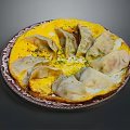 Pan Fried Dumplings With Crispy Egg Base And Fresh Herbs On Decorative Plate