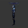 Futuristic Mechanical Cyborg Figure With Advanced Metallic Armor And Suspended Structure Above Head