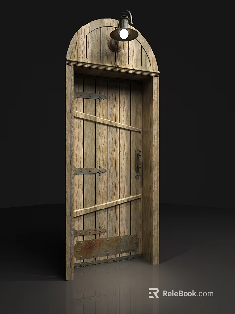 Classic Wooden Swing Door With Metal Hinges And Natural Wood Grain 3d model 
