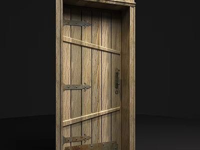 Classic Wooden Swing Door With Metal Hinges And Natural Wood Grain 3d model