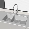 Stainless Steel Double Bowl Kitchen Sink With Flexible Faucet On White Countertop