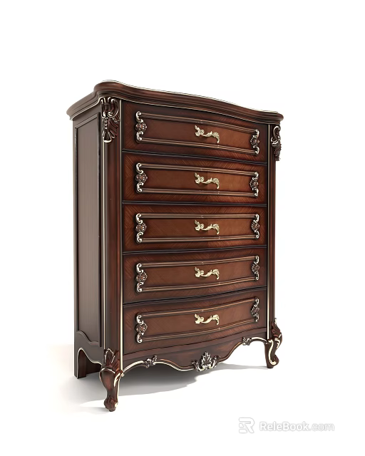 Classic Dark Wood Chest of Drawers with Carved Details Gold Handles and Multiple Drawers 3d model 