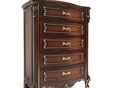 Classic Dark Wood Chest of Drawers with Carved Details Gold Handles and Multiple Drawers 3d model