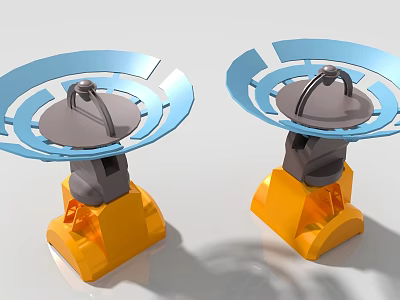 Two Industrial Equipment Units With Blue Annular Components And Yellow Base 3d model