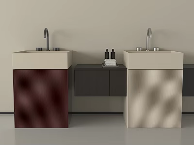 Two Tone Vanity Washbasins With Red Beige Cabinets Central Cabinet Toiletries 3d model