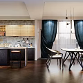 Modern Restaurant Interior With Wooden Cabinets Stone Wall Dark Curtains Dining Table And Chairs