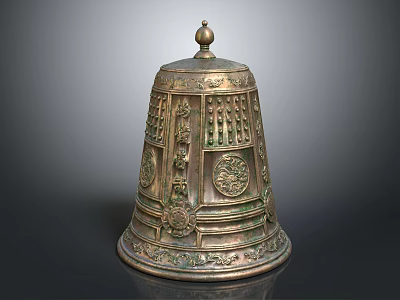 Vintage Brass Bell Shaped Decorative Ornament Set With Intricate Carvings And Top Knob 3d model