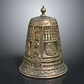 Vintage Brass Bell Shaped Decorative Ornament Set With Intricate Carvings And Top Knob
