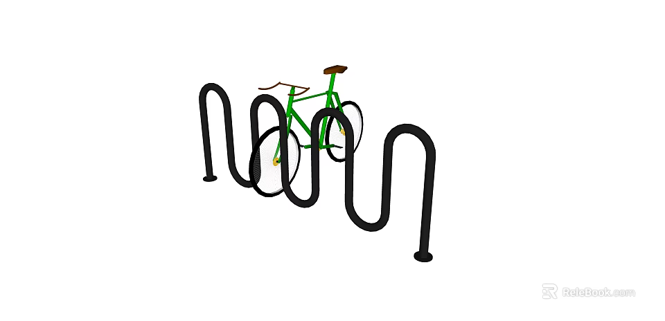 Green Bicycle Parked On Black Spiral Bike Rack Structure 3d model 