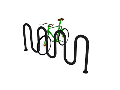 Green Bicycle Parked On Black Spiral Bike Rack Structure 3d model