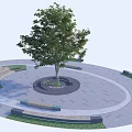 Landscape Seats In Circular Plaza With Central Tree Gray Pavement And Green Plants