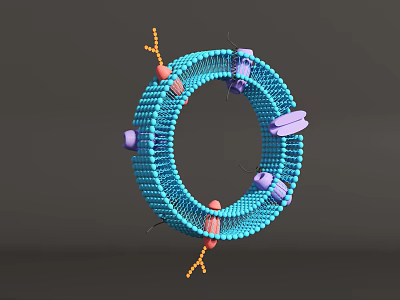 3D Rendering of Organizational System Featuring Blue Circular Structure and Purple Orange Components 3d model