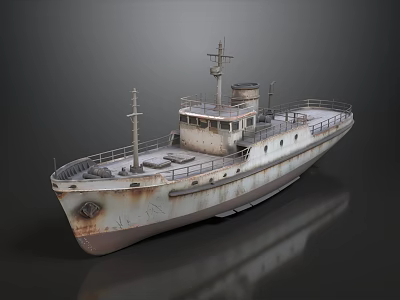 Rusty Old Ship With Deck Mast And Weathered Hull On Grey Background 3d model