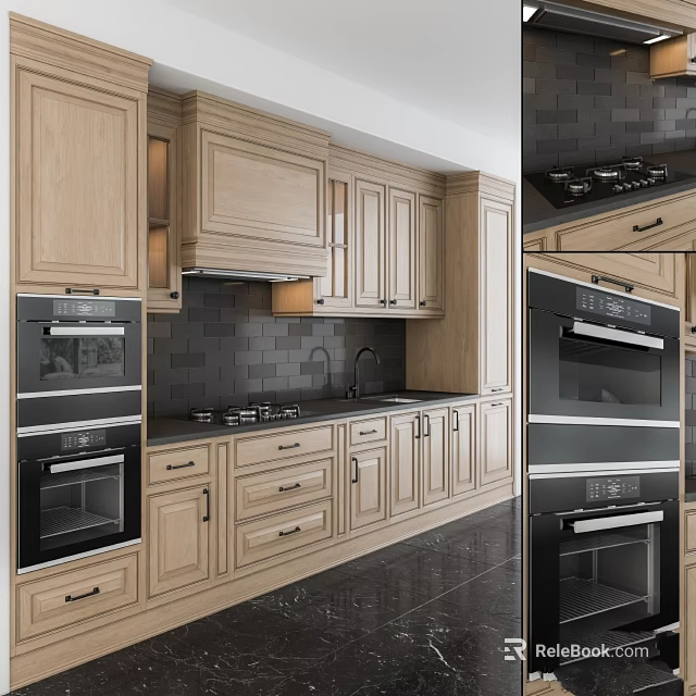 Modern Kitchen With Light Wooden Cabinets Black Appliances And Dark Tile Backsplash 3d model 