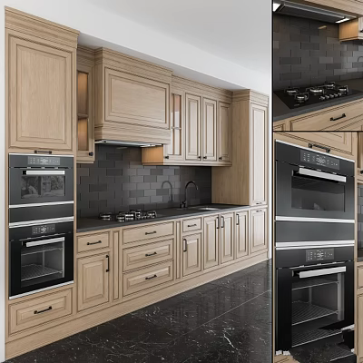 Modern Kitchen With Light Wooden Cabinets Black Appliances And Dark Tile Backsplash 3d model