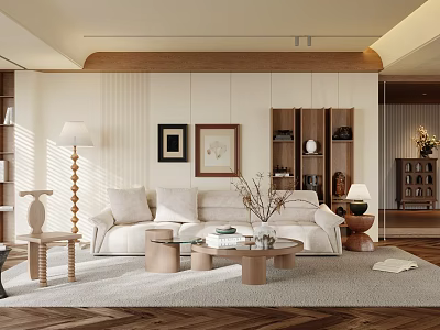 Warm Living Room With Cream Sofa Coffee Tables Floor Lamp Framed Art And Wooden Accents 3d model