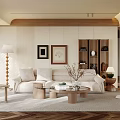 Warm Living Room With Cream Sofa Coffee Tables Floor Lamp Framed Art And Wooden Accents