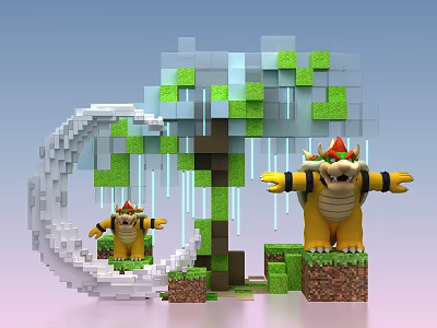 Pixel Art Bowser Figures With Tree And Moon Structure In 3D Render 3d model